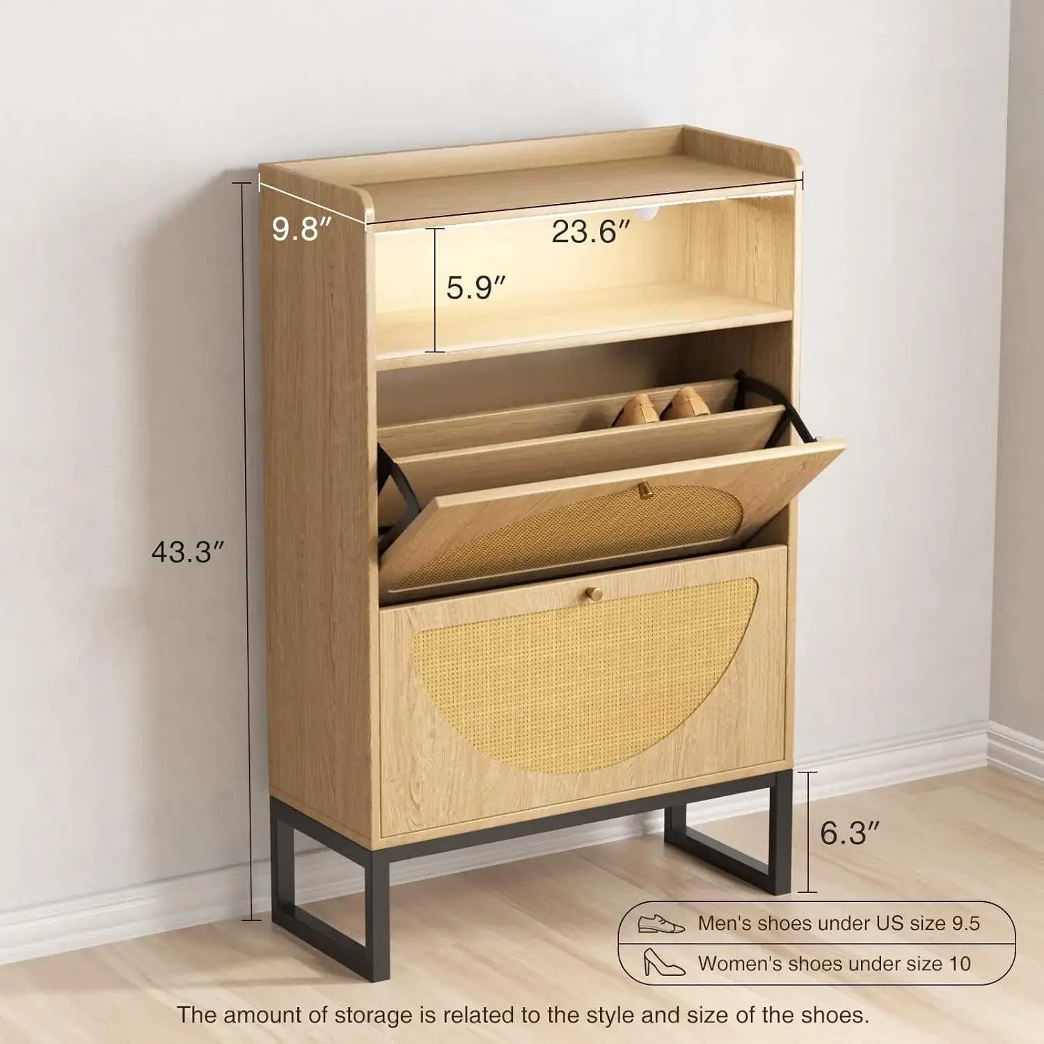 Cabinet, Shoe Cabinet with 2 Flip Drawers & Sensor Light, Entryway Slim Shoe Cabinet with Metal Frame, Hidden Shoe Qrganizer