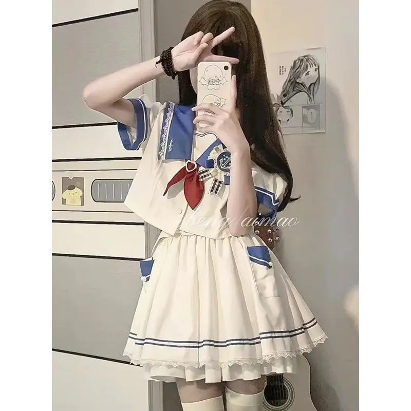 Japan Kawaii Two Piece Set Women Bow Cute Party Mini Skirt Suit Female Sweet Sailor Collar Blouse ＋ Lolita Striped Cake Skirt