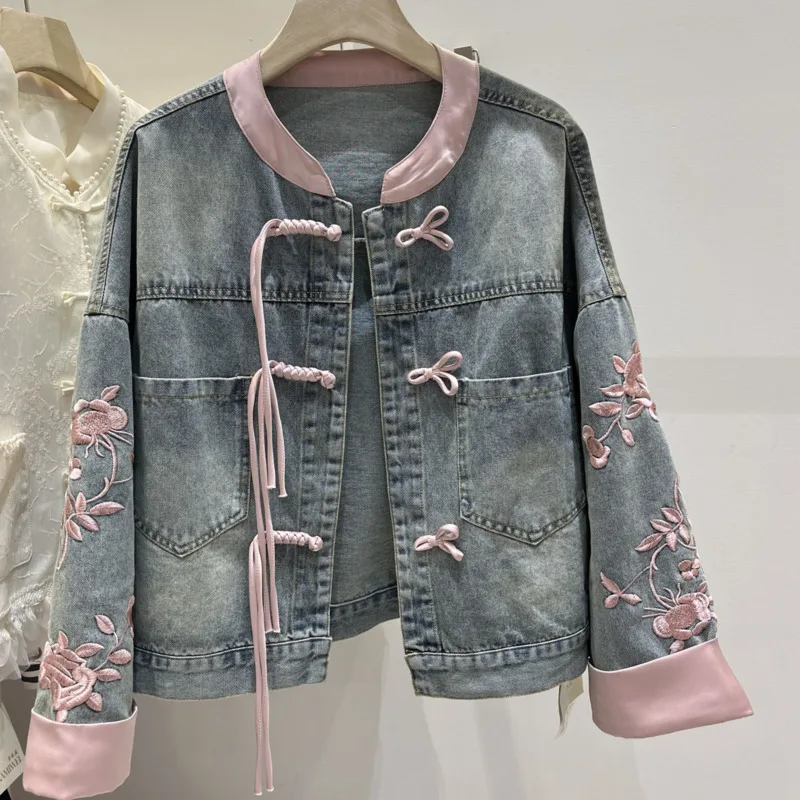 Chinese Style Buckle Denim Jacket For Women's Vintage Embroidery Stand Up Collar Top 2025 Spring Autumn Long Sleeve Jeans Coat