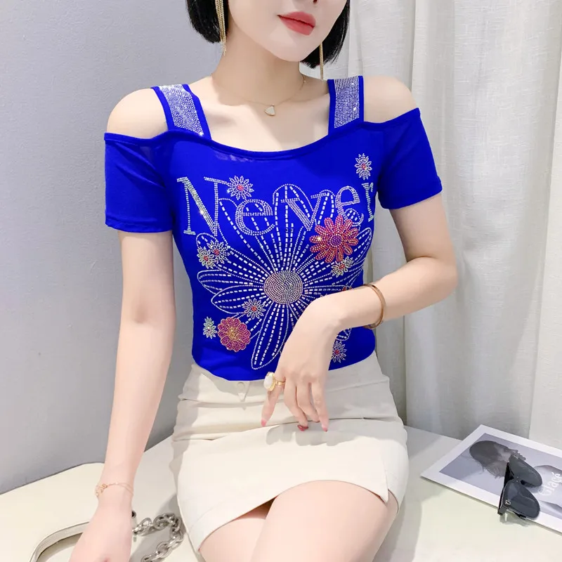 

New Fashion Summer European Clothes Girl T-Shirt Sexy Off Shoulder Shiny Hot Diamonds Women Mesh Tops All Match Tees Blusas