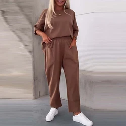 2024 Autumn O-Neck Long Sleeve Blouse Tops& Pocket Pant Set Winter Two Piece Group Of Pants Tracksuit Women Solid Office Suit