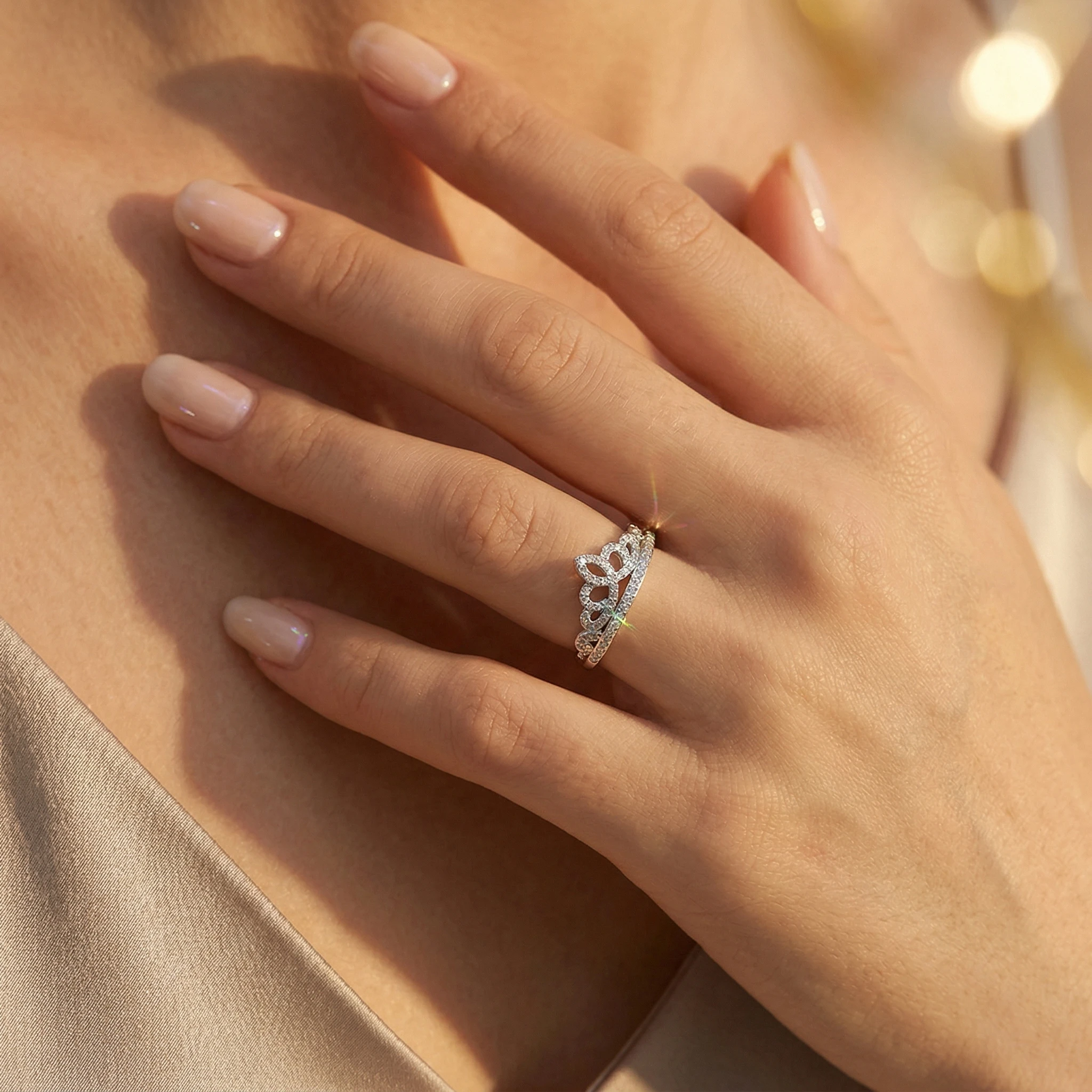 

Dreamy Princess Style Crown Double Design S925 Silver D Color VVS1 Moissanite Band Full Paved Sparkling Stackable Daily Dating E