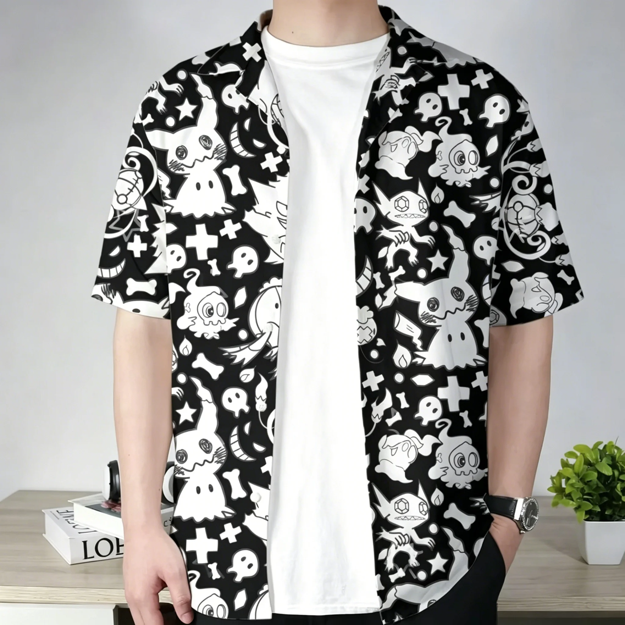 camisa-havaiana-preta-unissex-para-criancas-e-adultos-com-estampa-pokemon-tipo-fantasma-design-aloha-roupas-masculinas