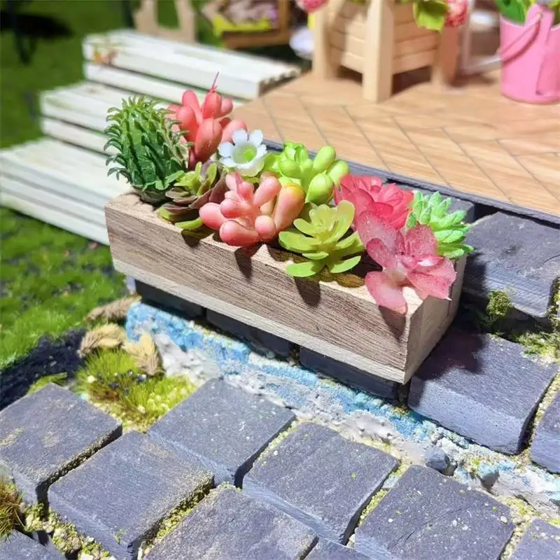 1Pcs Random One Dollhouse Miniature Wooden Trough Green Plant Pot Model Micro Landscape Decor Ornaments Pretend Play Toys