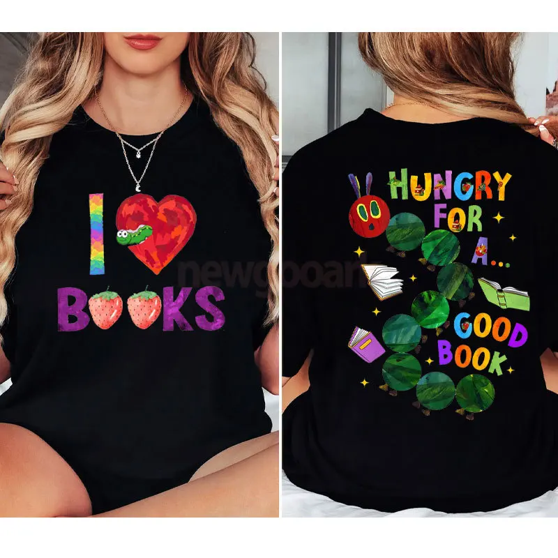 L Love Book Unisex The Very Hungry Caterpillar Cartoon Printed Cotton Tshirt Casual Fashion Couples Clothing Y2K Harajuku Tees