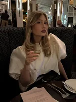 Round Neck Satin Solid Short Blouse Women Elegant Button Puff Short Sleeve New Fashion Shirt Chic Lady Street Shirts 2026 New 2