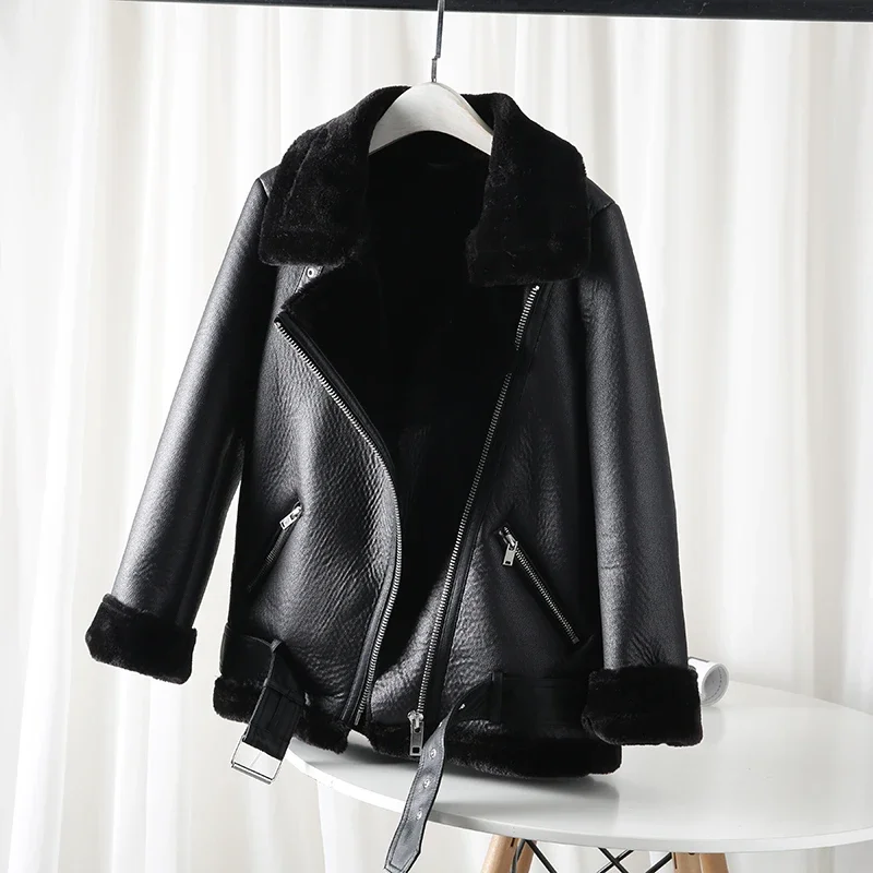 Thickened Warm Faux Leather Fleece Coat Women 2024 New High-end Simple Solid Casual Winter Motorcycle Jacket with Belt