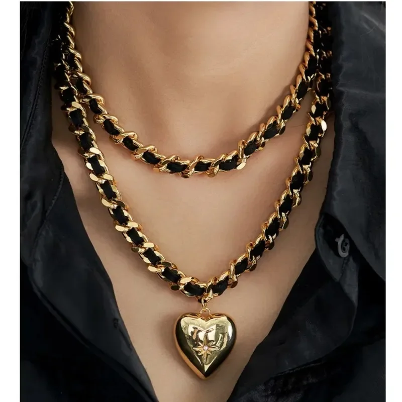 European and American personality double-layer love necklace light luxury versatile pendant temperament flannel chain small