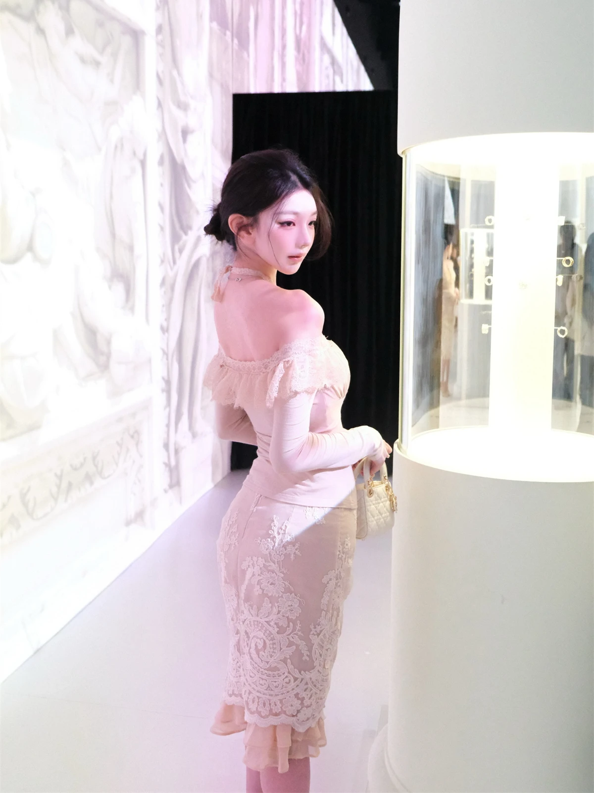 

Kikimy 2 2000 Gentle Captor Wool Lace One oulder Hanging Ne Double Wear Method Faionable Set Long Sve Women's Clot...