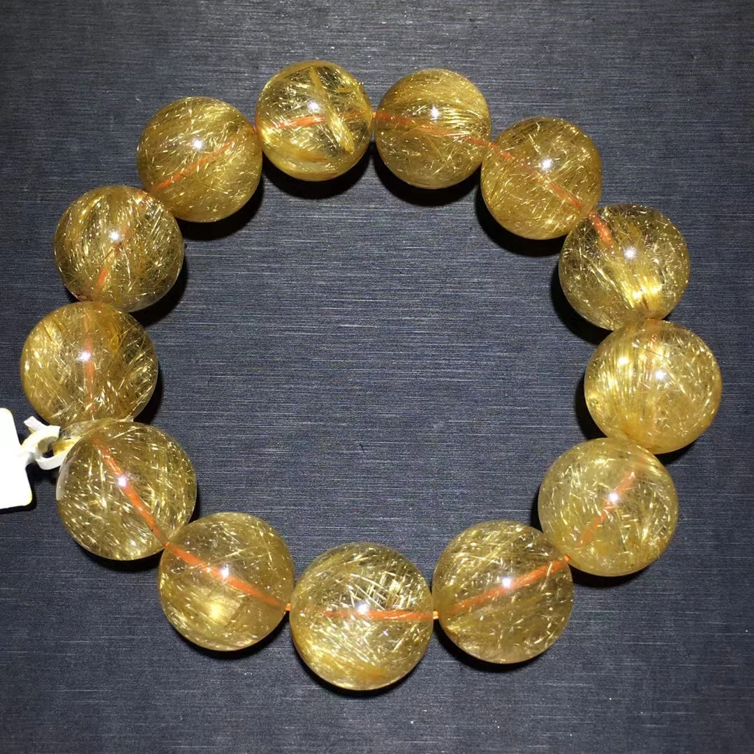 Natural Gold Rutilated Quartz Crystal Woman Man Titanium Wealthy 19.5mm Big Round Beads Bracelet Jewelry Bangle AAAA