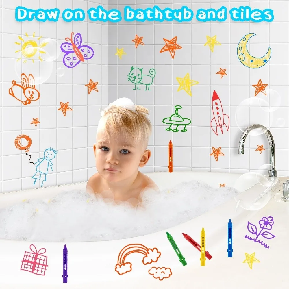 مجموعة مكونة من 6 قطع من أقلام تلوين الحمام الملونة القابلة للغسل، سهلة التنظيف وقابلة للغسل، علامات حوض الاستحمام للعب المائي