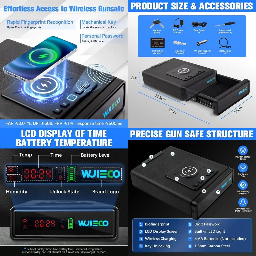 

Умный биометрический сейф для пистолета с отпечатком пальца, кодовой панелью и ключевым замком - надежное хранилище для прикроватной тумбочки или автомобиля