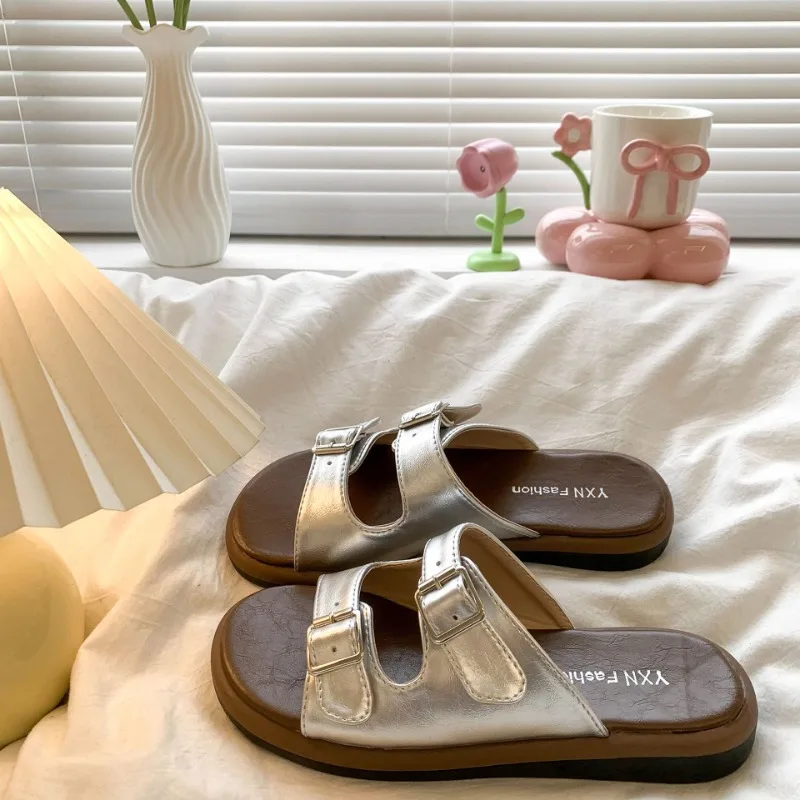 

Slippers for Women 2025Summer Thick-soled Slippers Designer Belt Buckle Slipper Luxury Leather Sandals for Women Sandalias Mujer