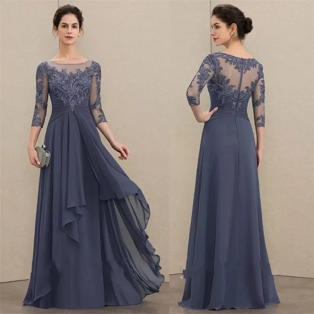 

Elegant Navy Blue A-Line Scoop Neck Floor-Length Chiffon Lace Mother of the Bride Dresses With Cascading Ruffles Prom Evening Go