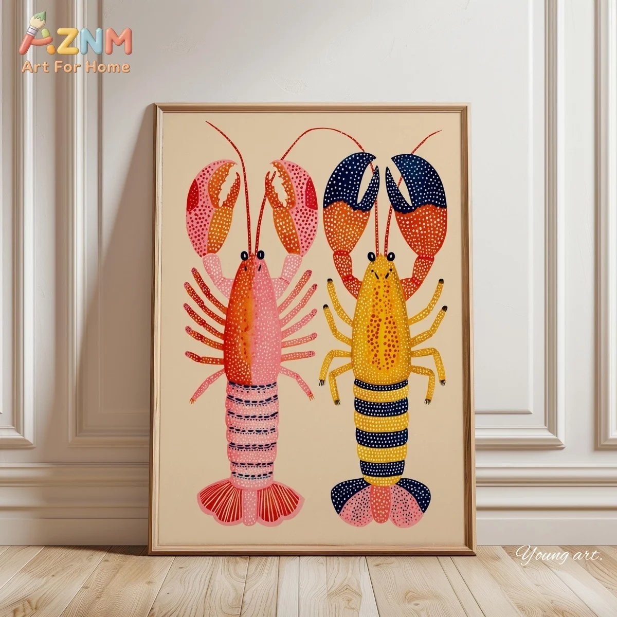 AZNM Colorful Summer Coastal Canvas Print Lobster Lemon Fish Palm Tree Cocktail Beach Holiday Mediterranean Kitchen Dining Room