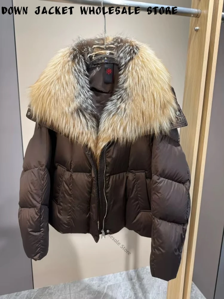 Women's Cropped Jacket with fox fur collar duck Down Coat with raccoon Fur Collar Extra Warm Insulated for Winter Daily Wear