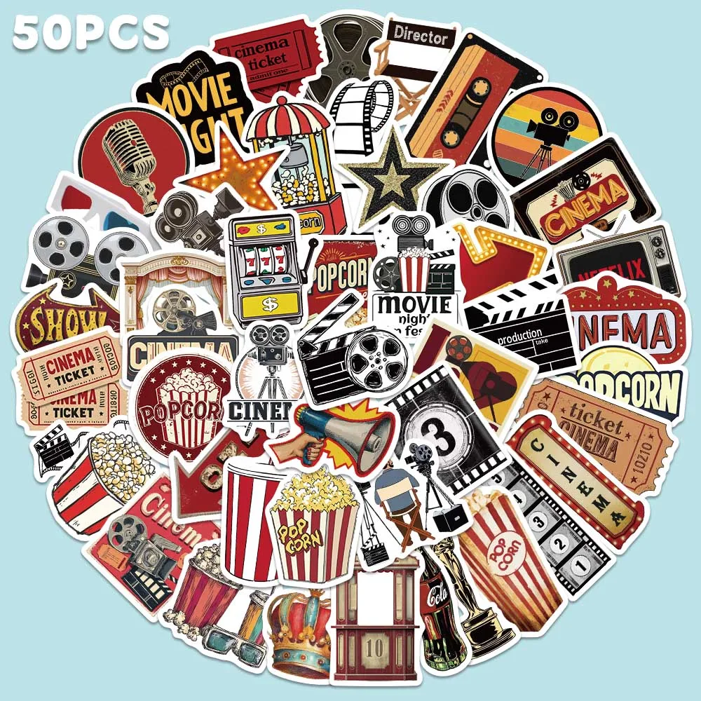 

50pcs Retro Cinema Sticker Popcorn Graffiti Decal For Diary Fridge Closet Wallet Backpack Envelope Label Magazine Decoration Sti