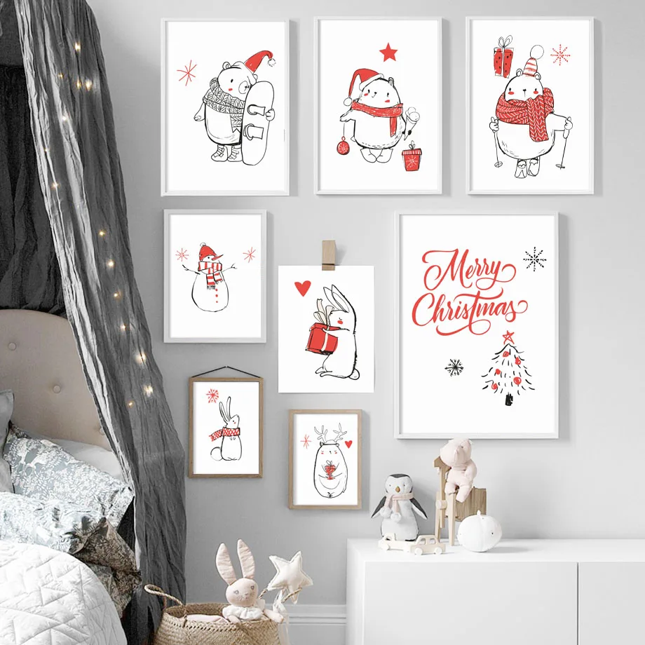 Canvas Painting Kids Room Deco Wall Art Elk Snowman Picture Cartoon Sketch Printing Merry Happy New Year Christmas Canvas Poster