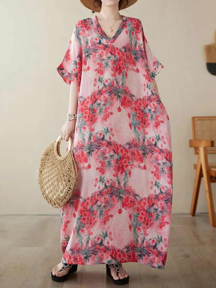 Abito lungo oversize con stampa floreale floreale a fiori estivi da donna con scollo a v Modis abiti larghi da donna a pieghe abito Casual da donna