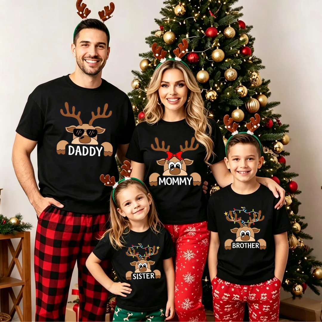 Deer Print Christmas Family Matching Outfit Mom Dad Kids Baby Matching Shirts Top Romper Xmas Family Together Outfit Holiday Tee