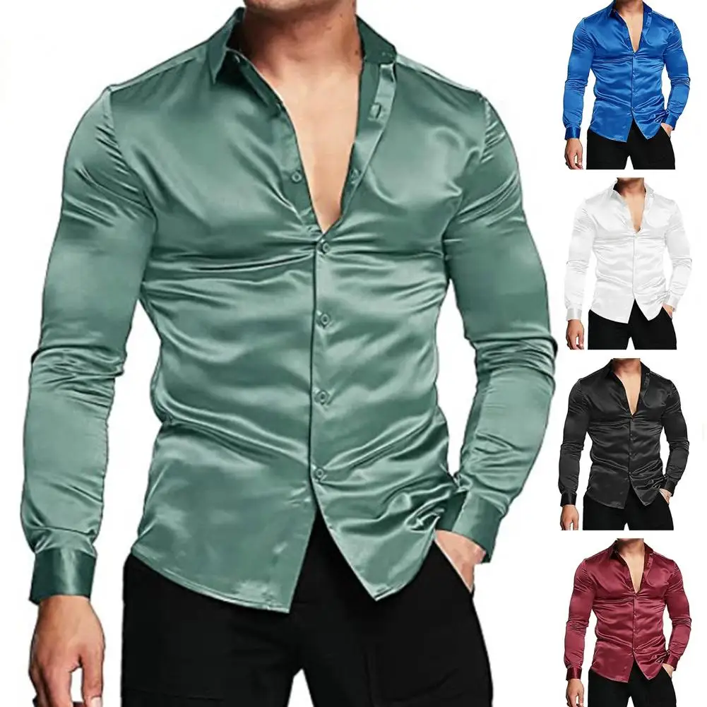 

Men Shirt Satin Solid Turn-down Collar Long Sleeves Single-breasted Warm Formal Buttons Cardigan Men Prom Shirt Male Clothes