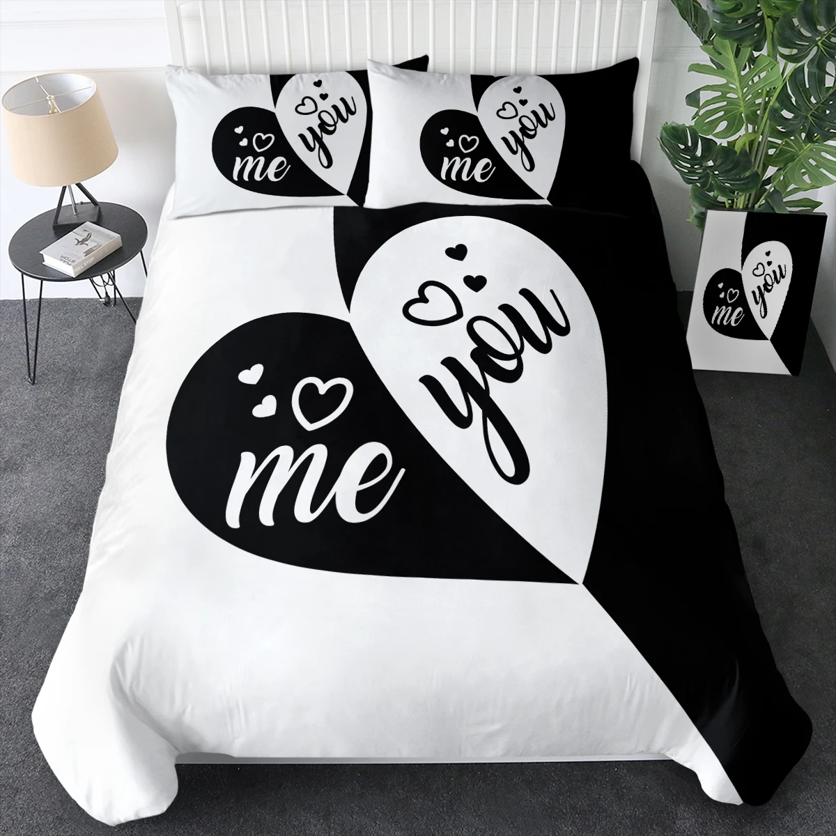 3pc White Love Hearts Duvet Cover You and Me Comforter Cover Reversible Bedding Cover 2 Pillowcases