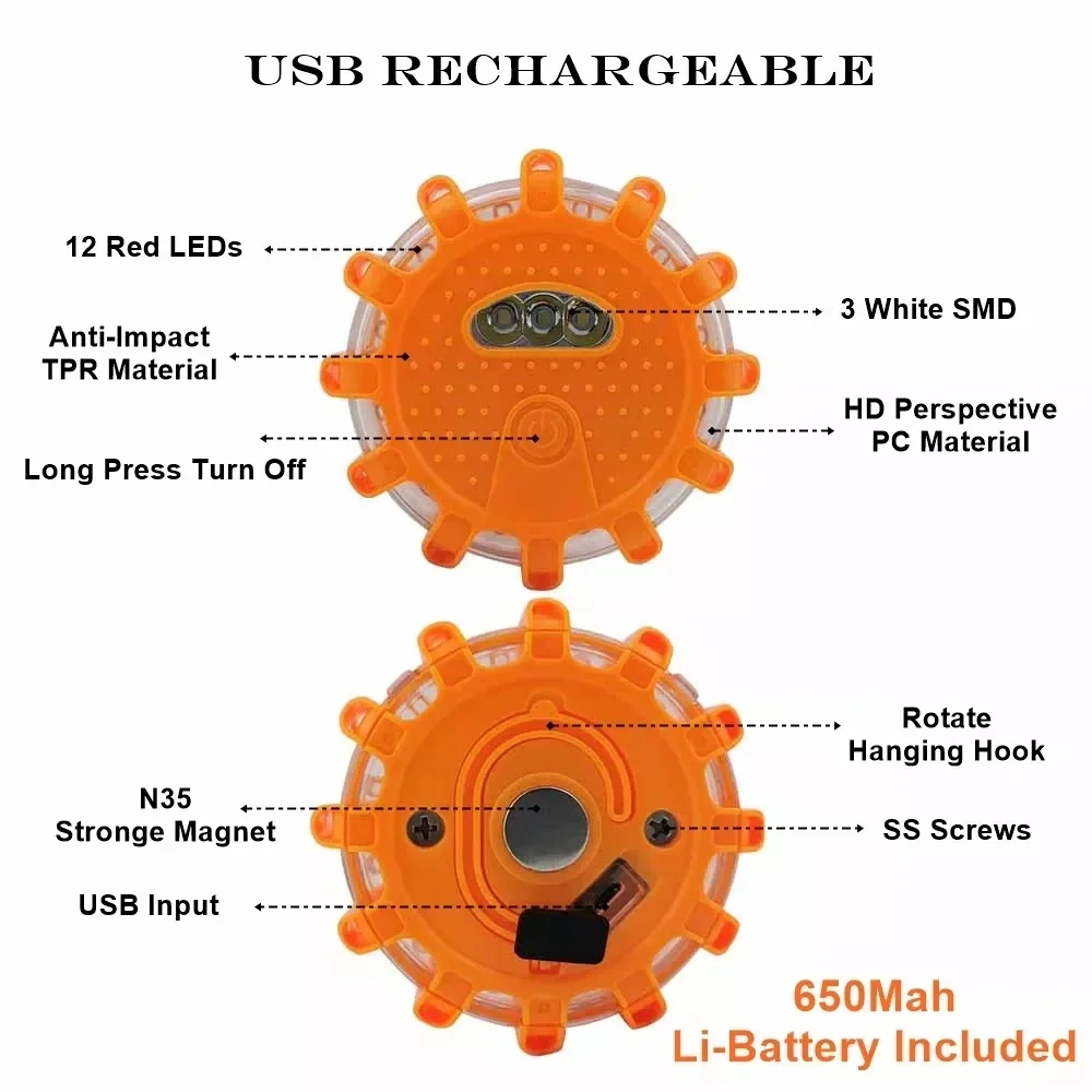 3er-Pack USB-Aufladbare Warnleuchten LED-Straßenfackeln Notfallbeleuchtung Straßenrand-Sicherheitsleuchte Blinkende Magnetische Warnleuchte – Detail 6