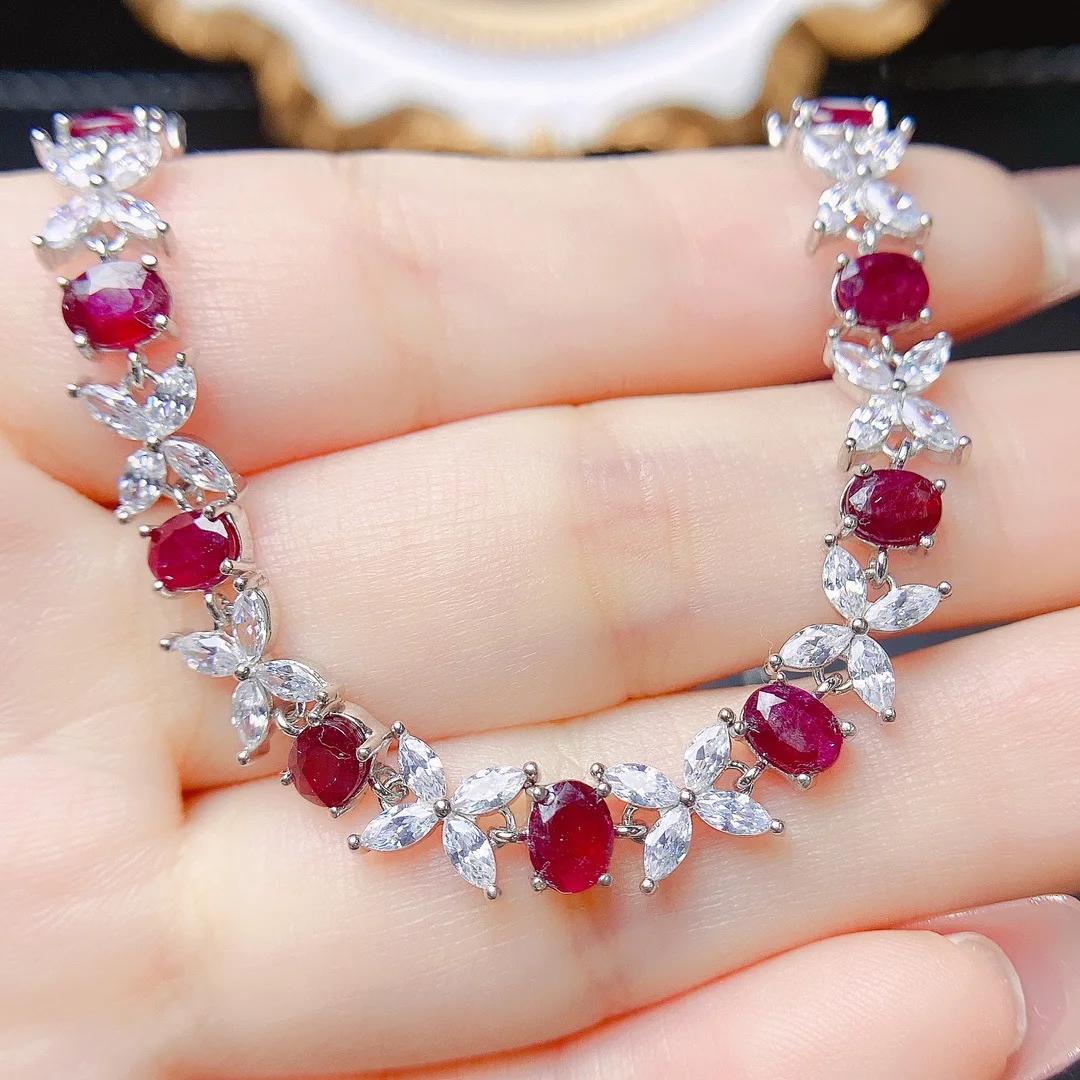 Heated Ruby Bracelet 4x5mm, S925 Silver Inlaid Red Gemstone Jewelry