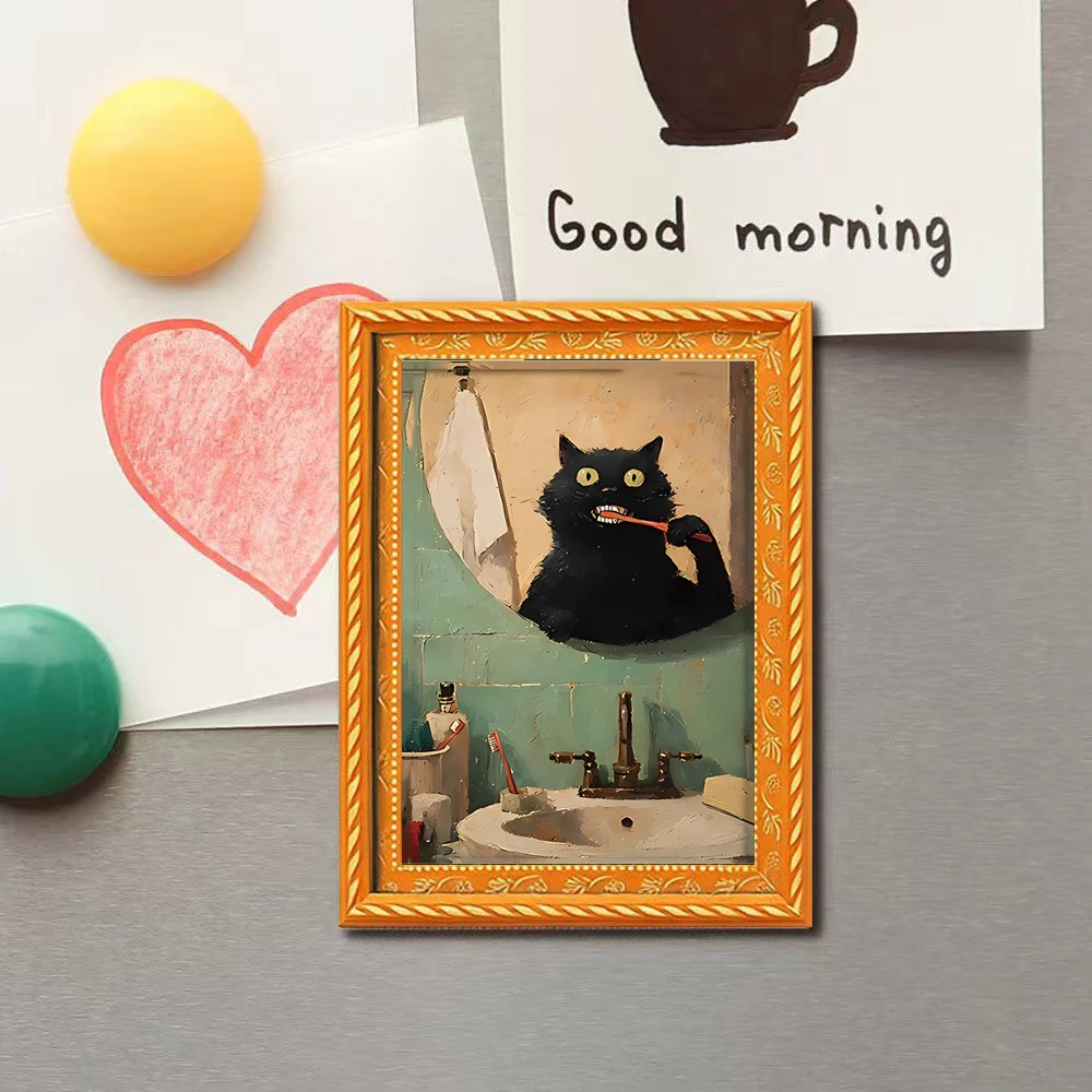 1 Piece of Retro Bathroom Mirror Toothbrushing-Themed Fun Black Cat Fridge Magnet, Cute Everyday Cat Art Magnet, Decorative Magnetic Sticker for Refrigerator, Storage Cabinet, Whiteboard, Humorous and Creative Gift for Cat Lovers
