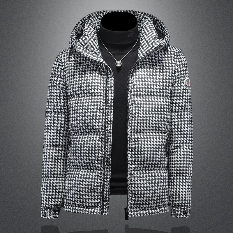 

2024 Winter New Men's Hooded Duck down Jacket Thickened Fashionable Printed Plaid Coat Youth Urban Style Short Zipper Closure