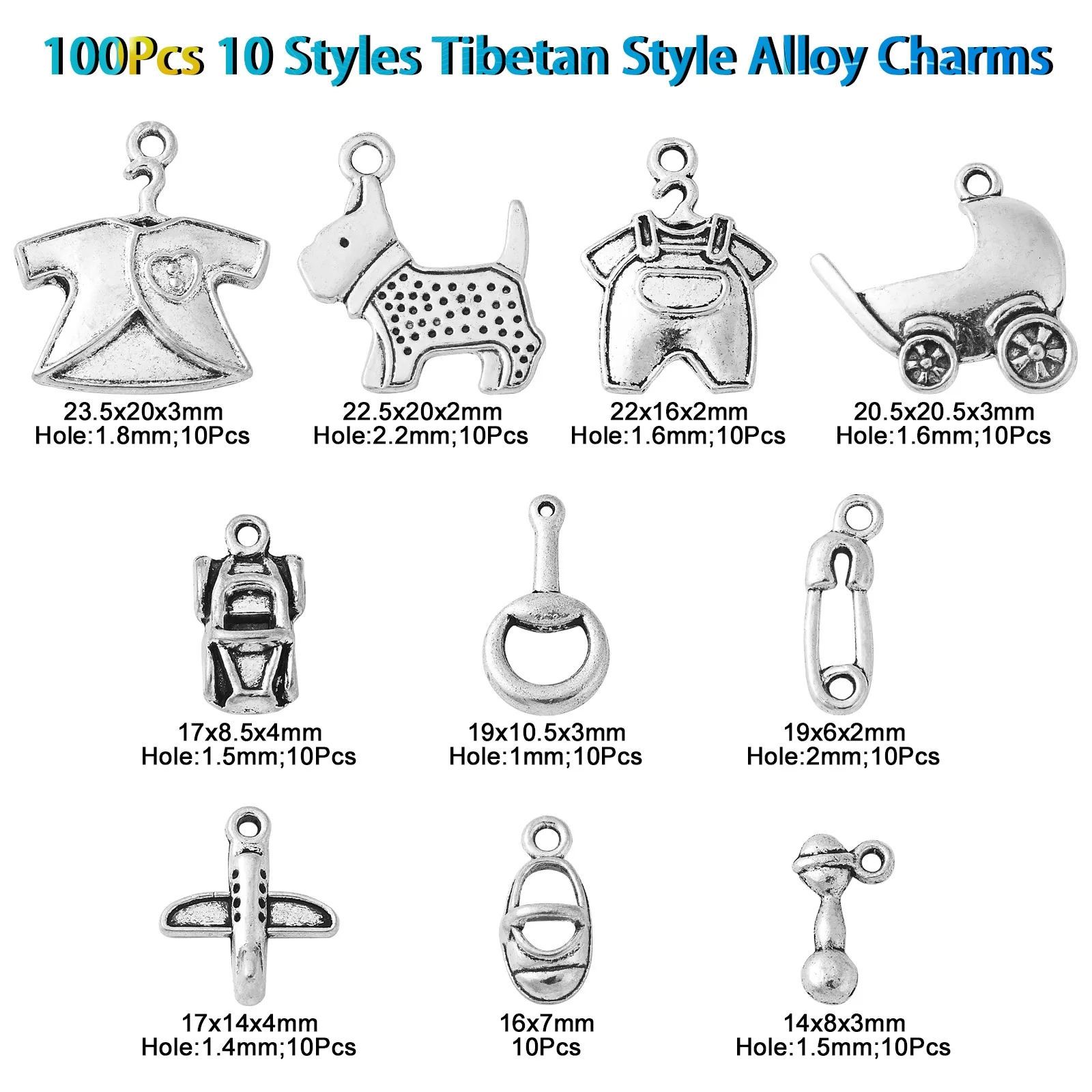 100Pcs 10 Styles Tibetan Style Baby Birth Charms Antique Silver Baby Carriage Clothees Charms for Christening Gifts Jewelry Make