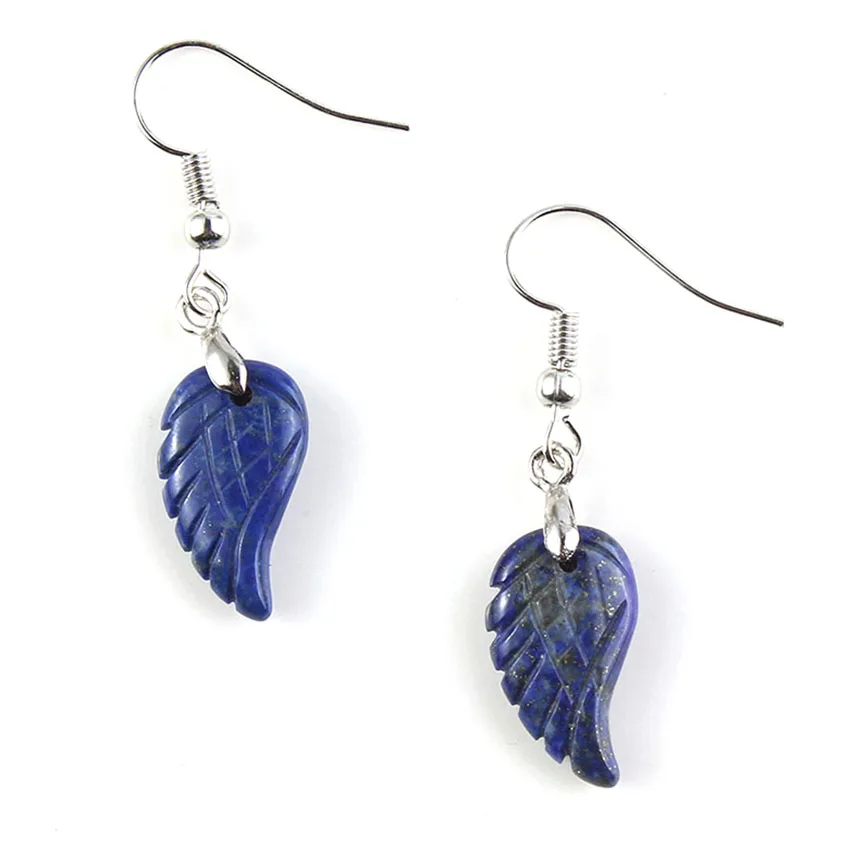 KFT Natural Carved Angel Wings Crystal Quartz Earring Lapis Lazuli Agate Dangle Hook Drop Stone Women Girls Earrings Jewelry