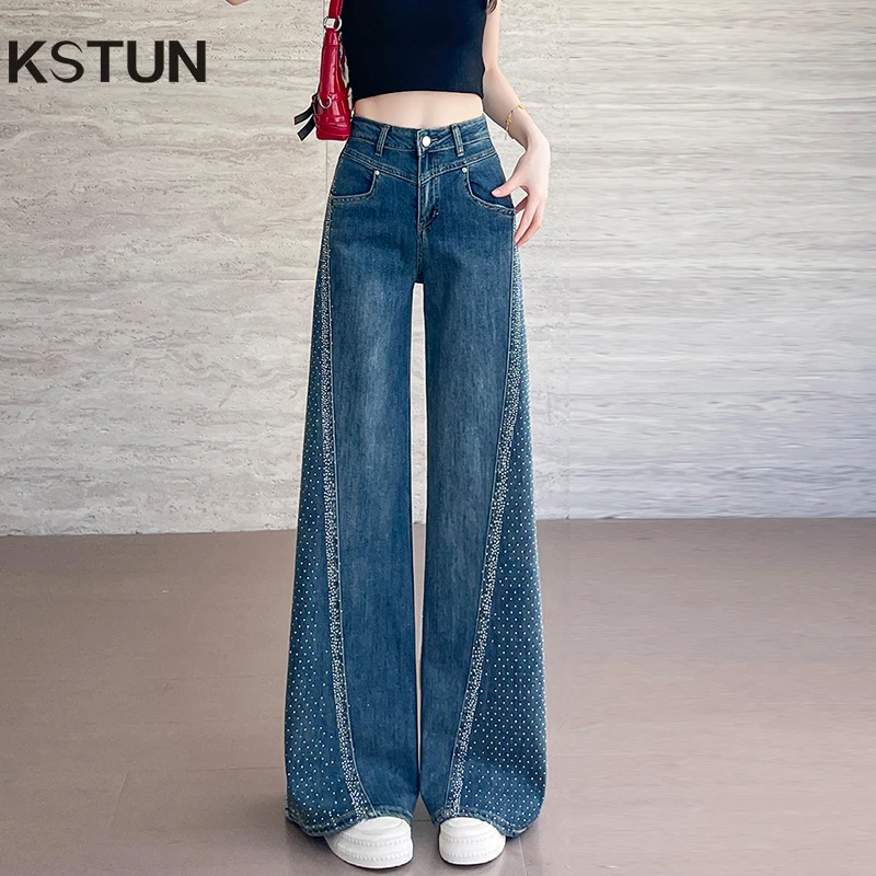 KSTUN 2025 Summer High Waist Wide Leg Jeans For Women Bell Bottom Pants Flared Pants Hotfix Rhinestone Patchwork Dragging Pants