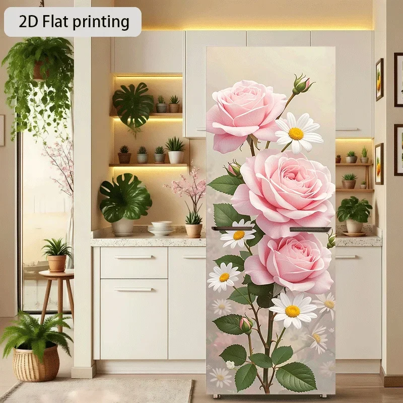 Refrigerator Sticker Pink Rose and Daisy Theme Design Wall Decal Self-Adhesive Wallpaper Suitable for Cabinets and Wardrobes,