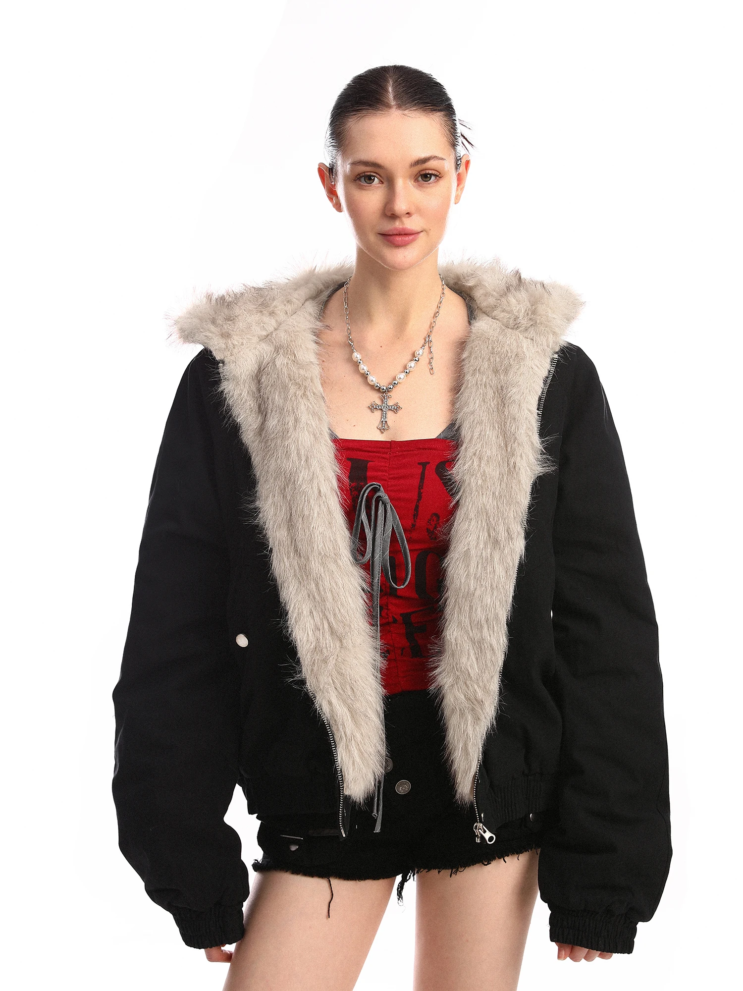 

Thiened Fluffy Fur Collar Hooded Cotton Jaet Women's Winter Warm Couple Cotton Coat Outerwear Street Sle Loose Fit Zipp...
