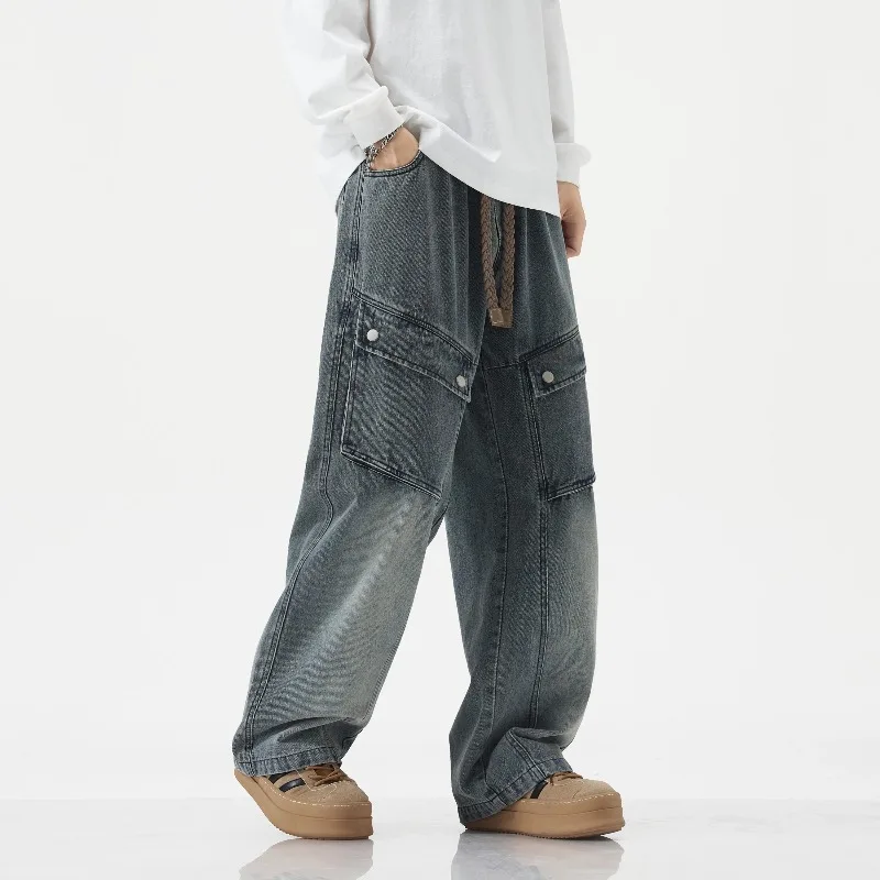 2026 New Straight Leg Multi-Pocket Jeans Man Men's Loose Versatile Cargo Pants Casual Vintage Wash Denim Trousers Cargo Jeans