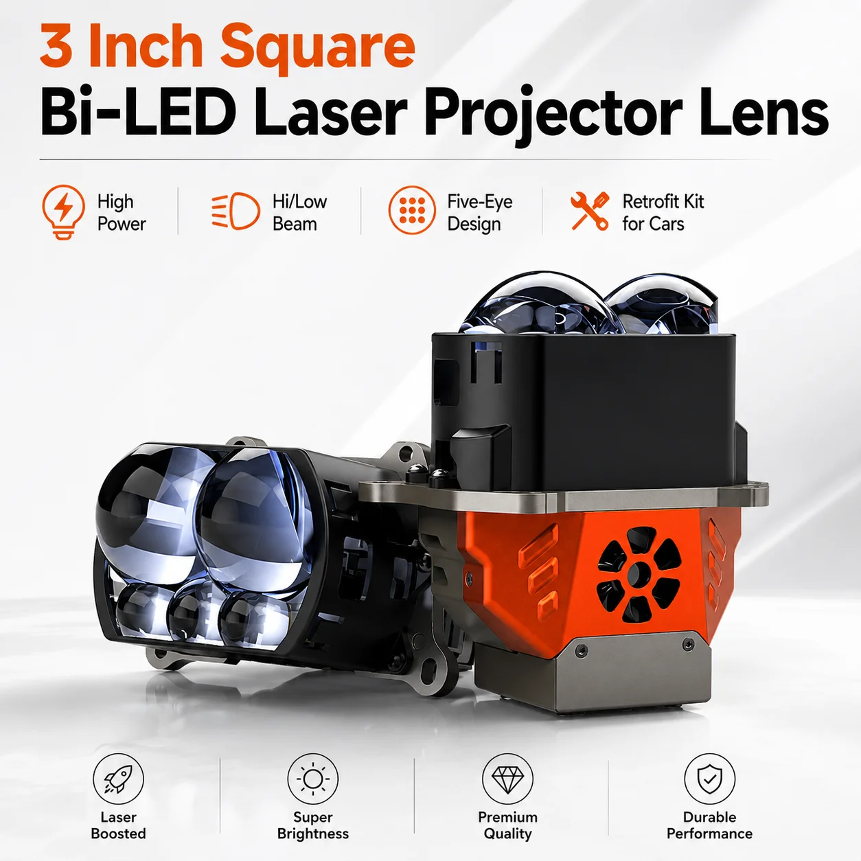 CF Universal 3 Inch Square Bi LED Projector Headlight Lens Five Lens Laser Hi Lo Beam Car Retrofit Upgrade Kit