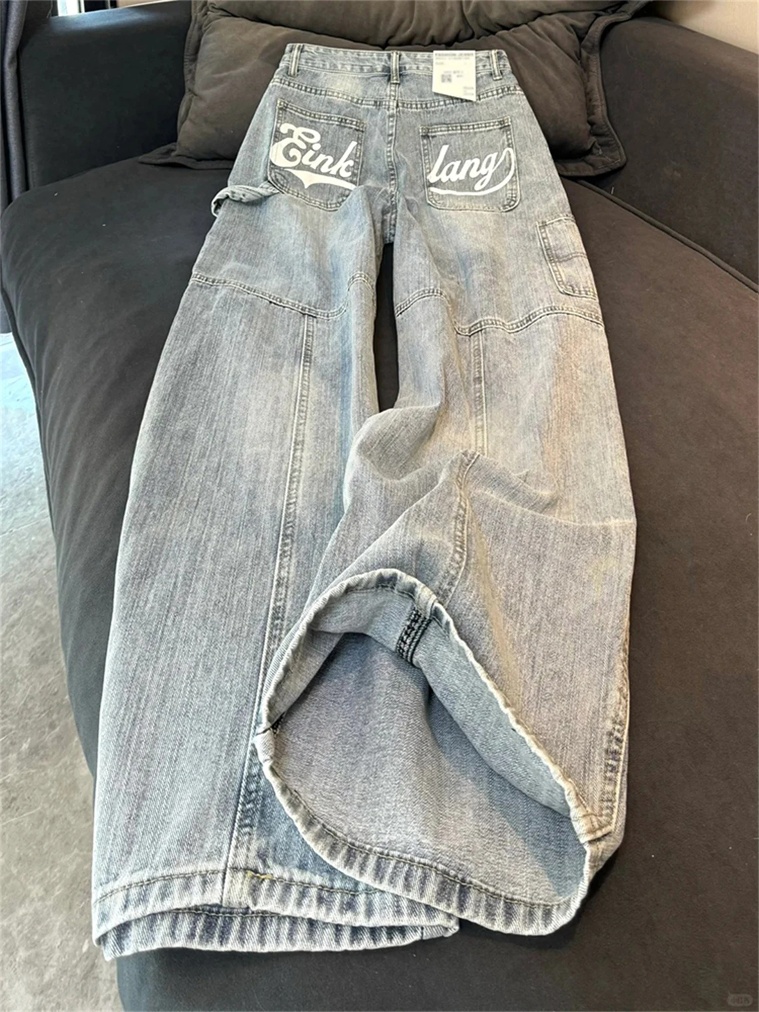 

Women's High Waist Wide Leg Light Blue Jeans Multi-Pocket Letter Print Vintage Washed Y2K Streetwear Loose Denim Trousers