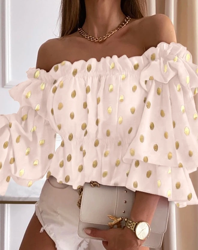 Top Women 2024 Spring Fashion Metallic Polka Dot Print Off Shoulder Bell Sleeve Casual Long Sleeve Frill Hem Daily Top