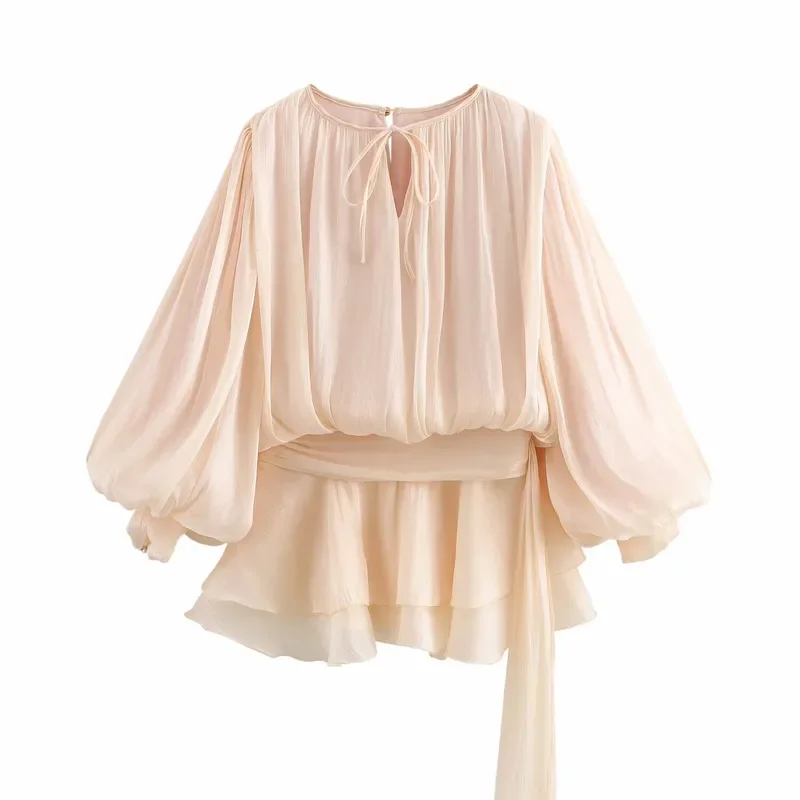 2025 Women's Long - Sleeve Chiffon Dress with Tie - Back Detail Puff Sleeves and Layered Ruffled Hem for an Elegant Look