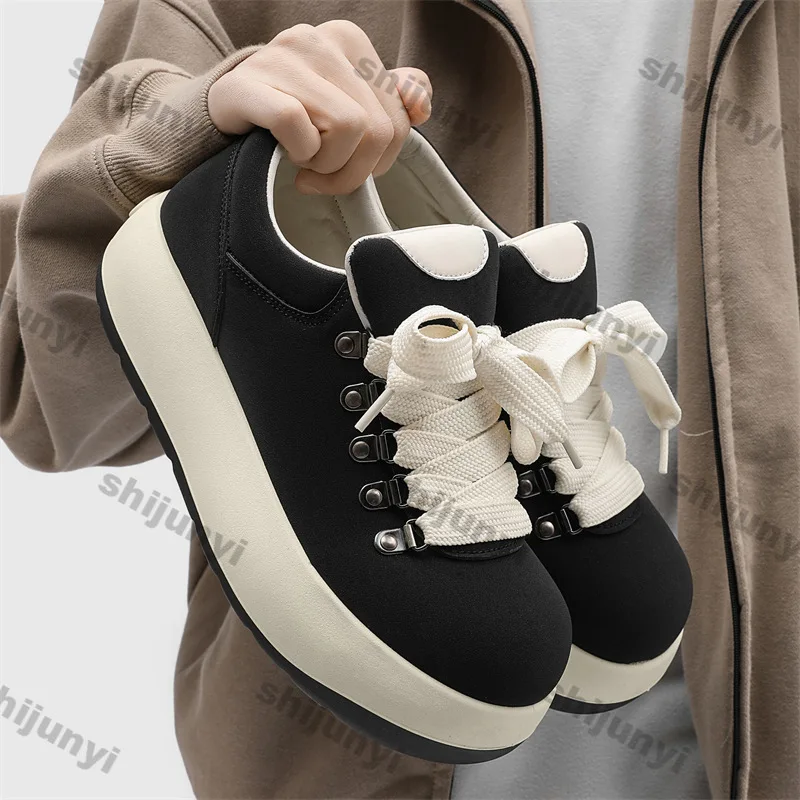 

Increase Height Hard Wearing Platform Sneakers Fashion Comfortable Soft Sole Round Toe Casual Sport Shoes Cross Tied Men Flats