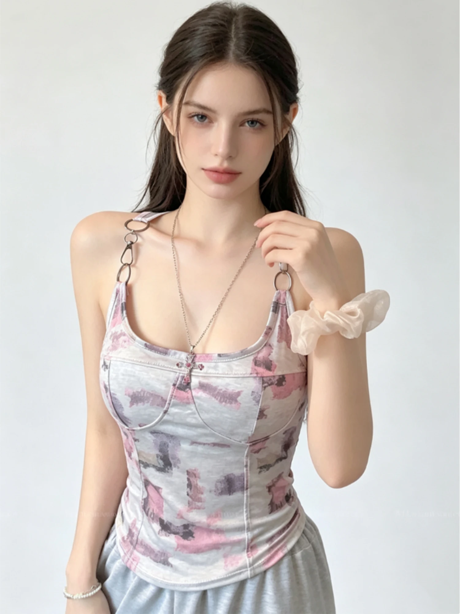

Women's Pink Print Camisole Y2K Gyaru Tank Top American Vintage Sexy Off Shoulder Sleeveless Slim Cropped Top for Women Summer