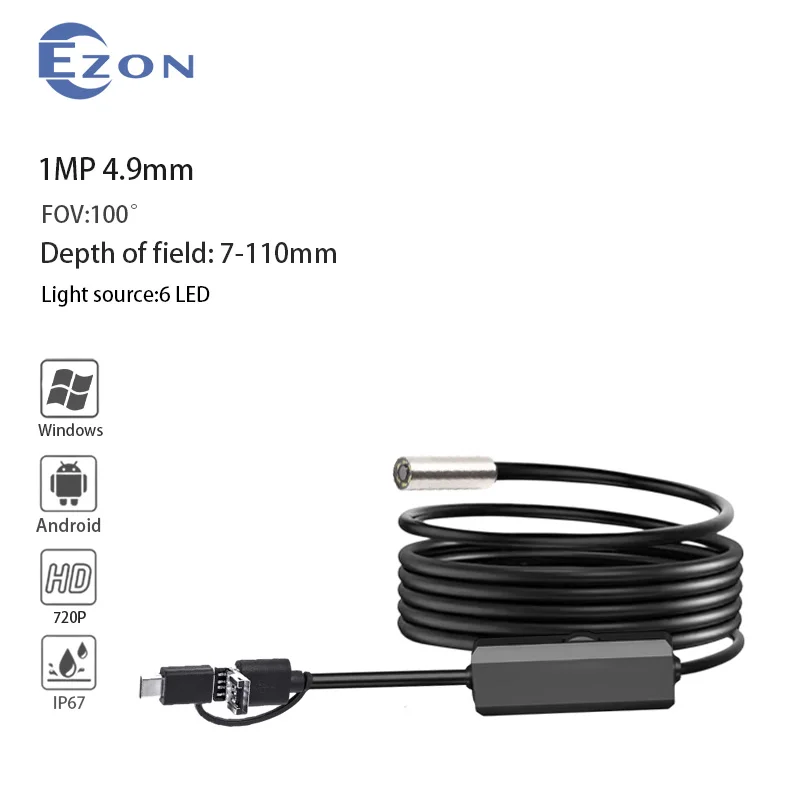 

1 МП 4,9 мм FOV 100 ° Широкоугольный USB-эндоскоп для проверки механического обслуживания, 1,5 м, мягкий шнур Type-C, 6 светодиодов, автомобильный эндоскоп