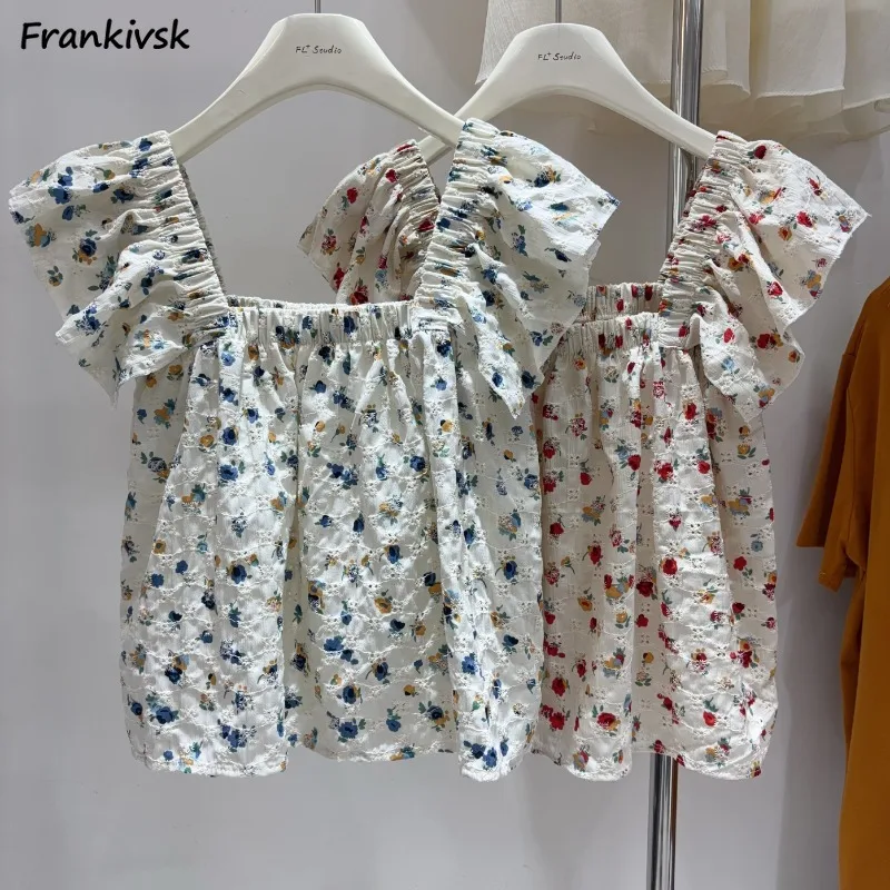 

Women Blouse Floral Square Collar Trendy Summer Loose Mori Girls Slouchy Casual Temper Streetwear Korean Style Designer Ins Y2k