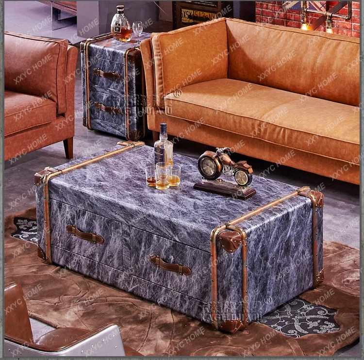 JJAmerican Leather Case Coffee Table Retro High-end Store Marble Pattern Table European Simple Combination