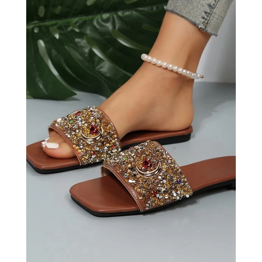 Fashion Women Rhinestone Decor Flat Slippers Square Toe Casual Outdoor Slippers Autumn Summer Going Out Beach Shoes