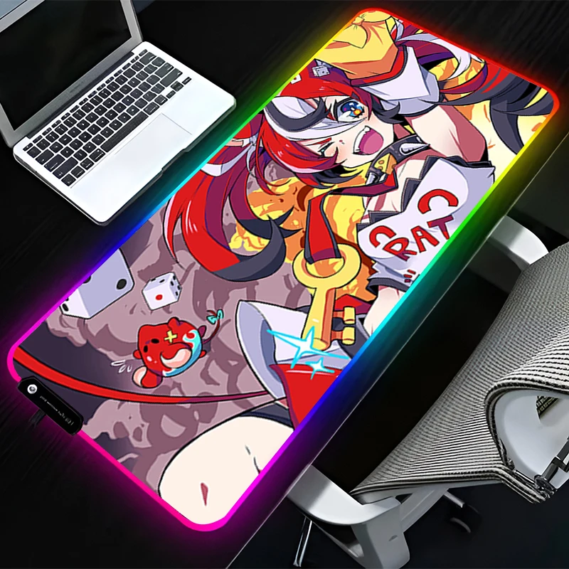 RGB LED Mouse Pad Computer Gamer Accessories Mouse Mat Rubber HD Keyboard Pad Non Slip H-hololive Hakos Baelz Mousepad Desk Mat