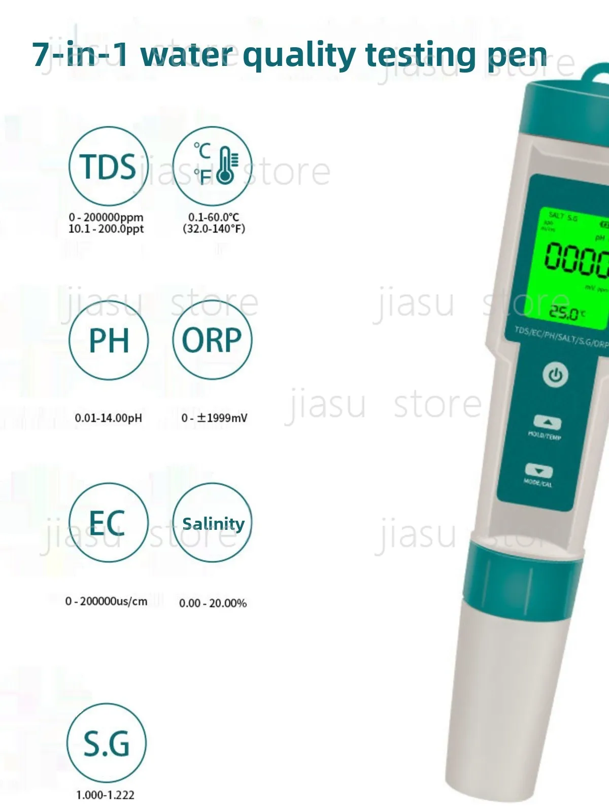 Portable PH TDS EC Water Quality Tester Pen, Salinity SG ORP Temperature Measuring Pen, Digital Multi Parameter Meter