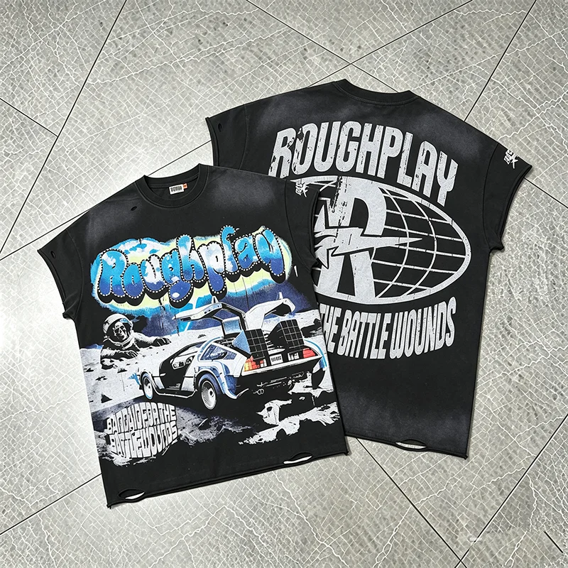 2026 New Arrival Rough Play Men's T-shirt Washed Used Scissors Sleeves Shoulders Skeleton Printed Tank Top