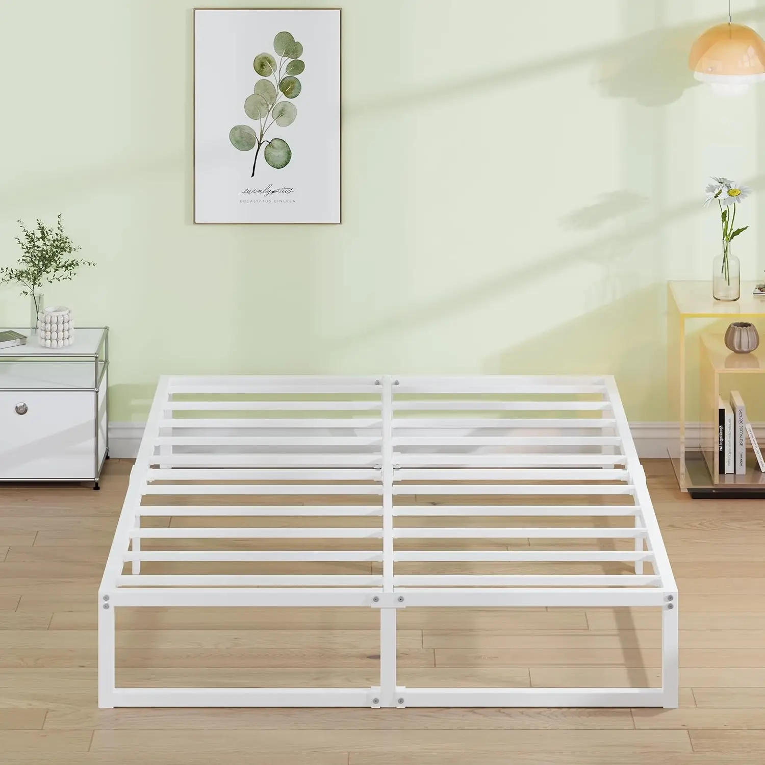

White Queen Platform Bed Frame with Steel Slats, Easy Assembly, Noise-Free Design, No Box Spring Needed